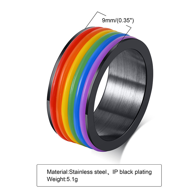 Rubber Wrap Rainbow Pride Ring - Black with measurements