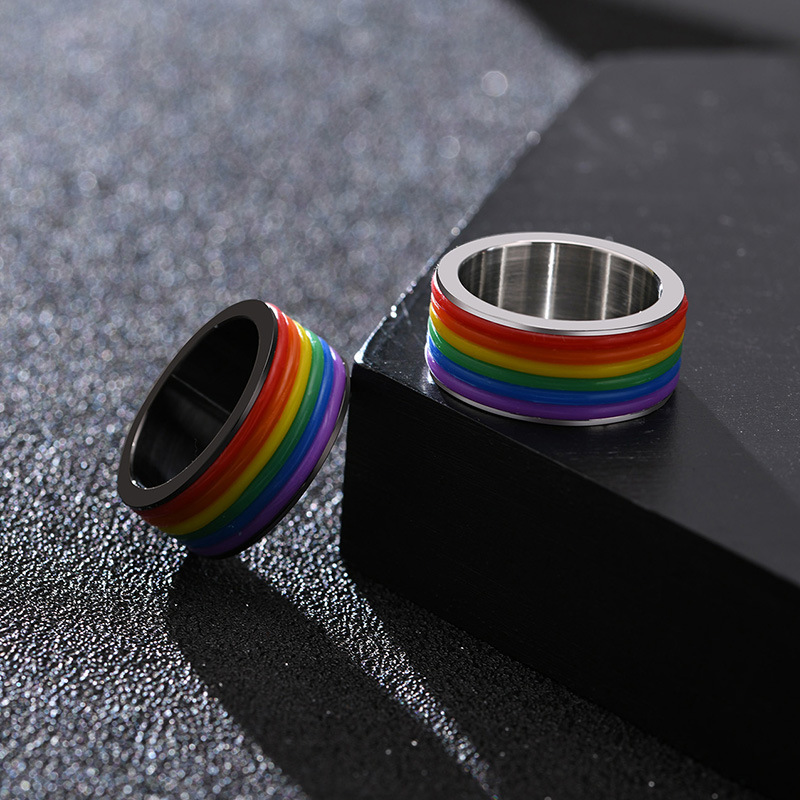 Rubber Wrap Rainbow Pride Ring - Stainless and black