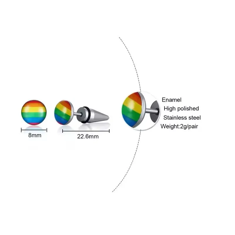 Titanium Steel Rainbow Stud Earrings, Screw Back blow up view