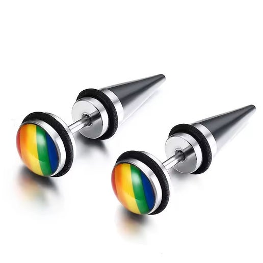 Titanium Steel Rainbow Stud Earrings, Screw Back - Black Outer Ring