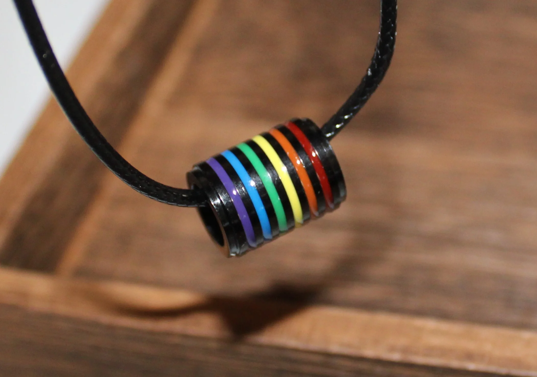  IP Black Coated Pride Rainbow Cylinder Pendant Necklace with Rope 