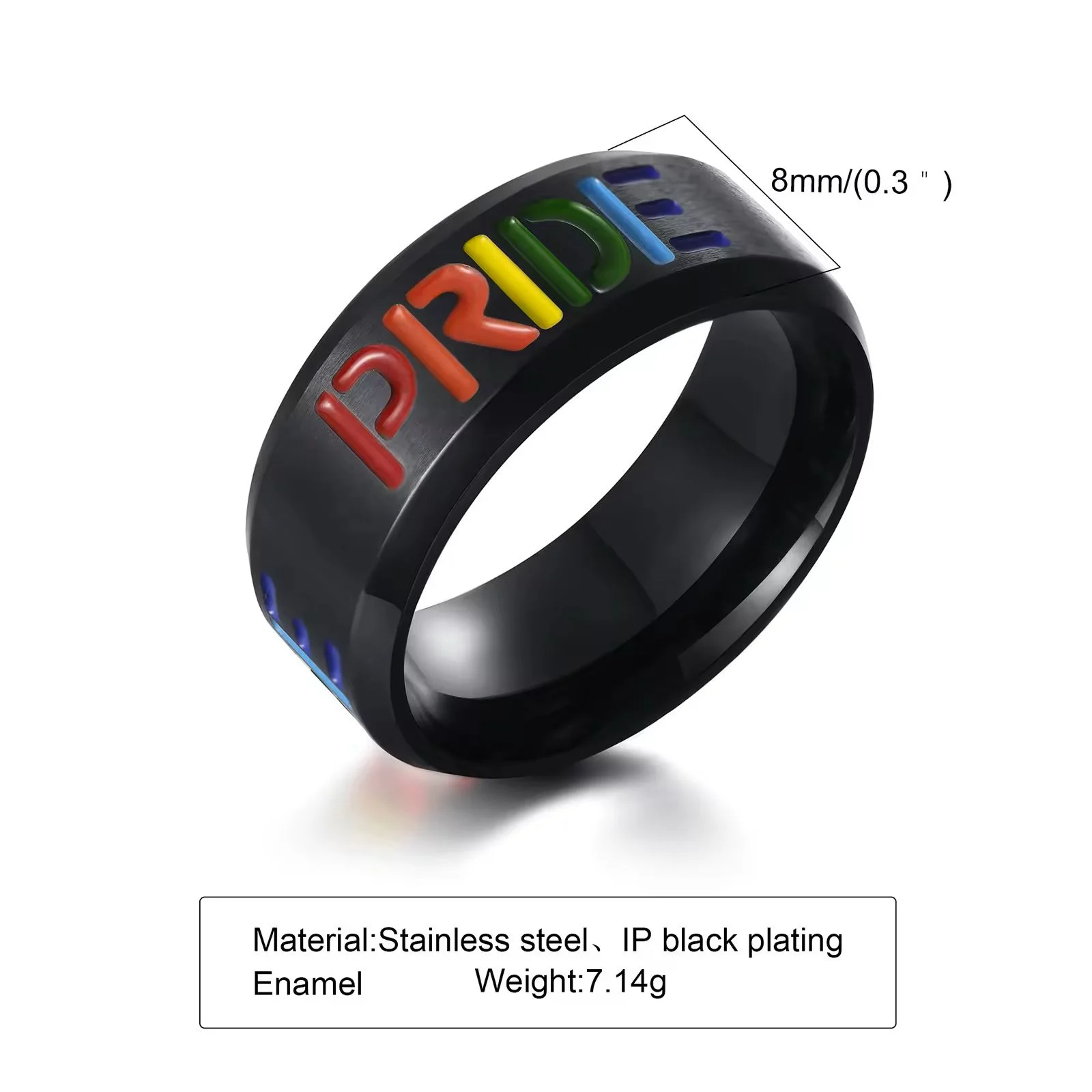 Black on Steel "Pride" Ring with details: 8mm (.3") wide. material: Stainless Steel, IP Black Plating, Enamel. weight ~7.14g