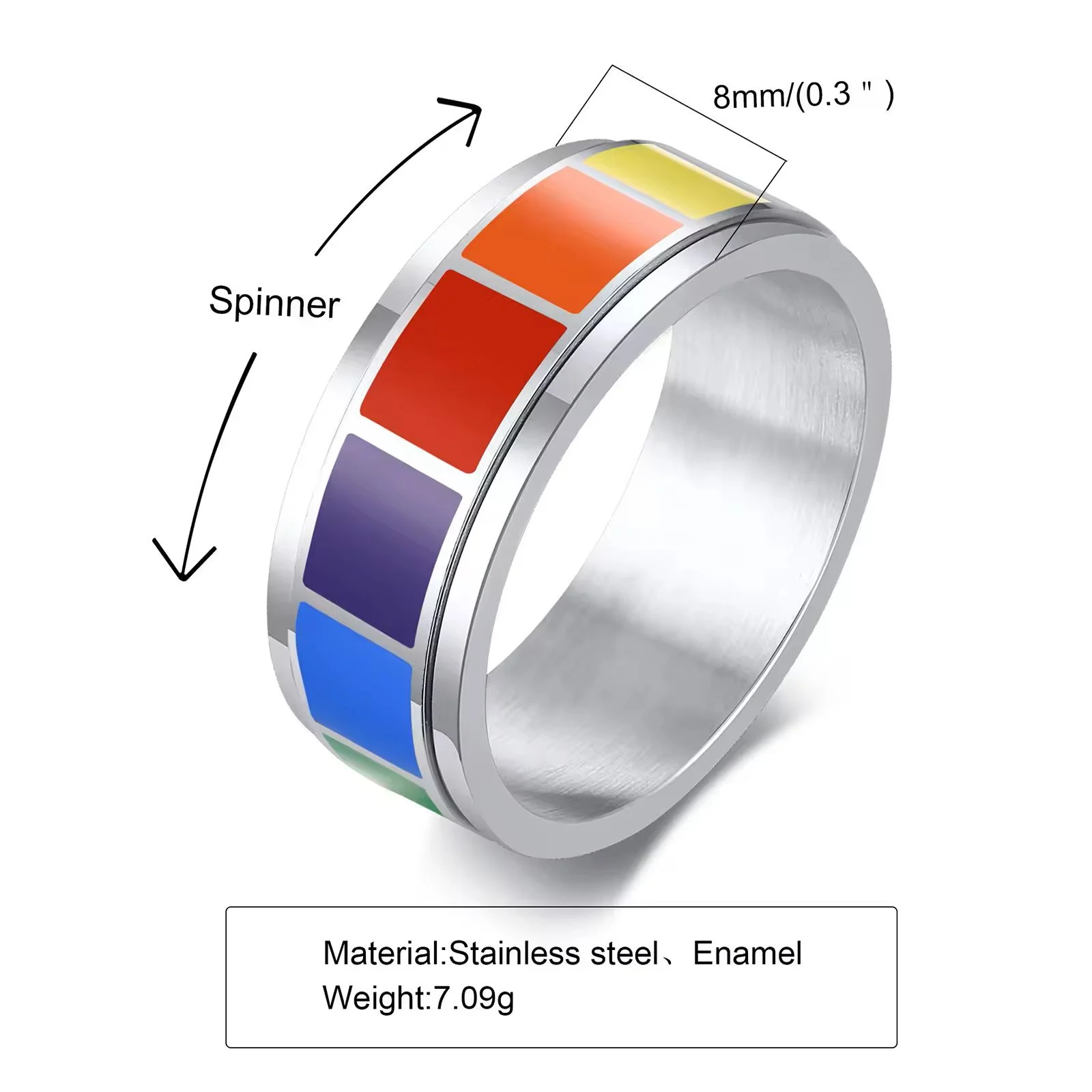 Steel Rianbow Spinner Ring with details: Spinner, 8mm (0.3") wide, Material: Steel, Enamel. Weight: ~7.09g