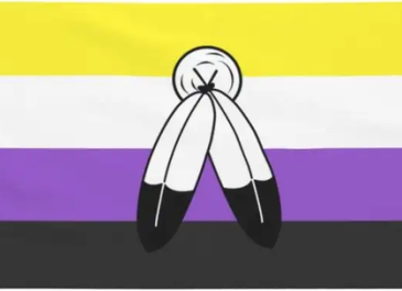 Non-Binary Two Spirit Flag: Non-binary flag with two feathers superimposed on it.