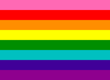 Rainbow Flag - Gilbert Baker 8 Stripe. 8 horizontal stripes. Pink, red, orange, yellow, green, cyan, indigo, violet.