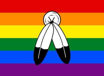 Two Spirit Flag. 6 Stripe Pride Flag with two feathers superimposed on top.