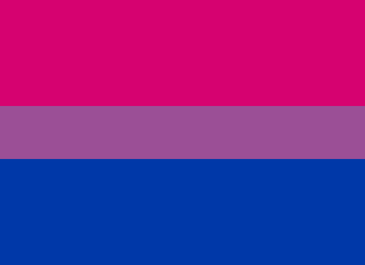 Bisexual Pride Flag: 3 horizontal stripes with the middle half as tall as the top and bottom. Pink, Purple, Blue