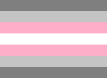 Demigirl Flag: 7 equal horizontal lines: Dark grey, grey, pink, white, pink, grey, dark grey