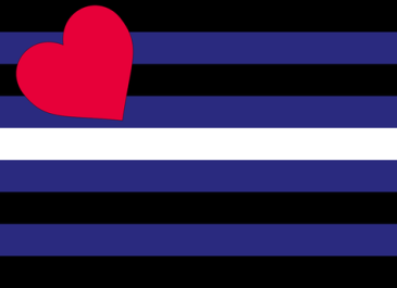 Leather Pride Flag: 9 equal horizontal lines: black, blue, black, blue, white, blue, black, blue, black. A red hear is superimposed in the top header side (left) corner.