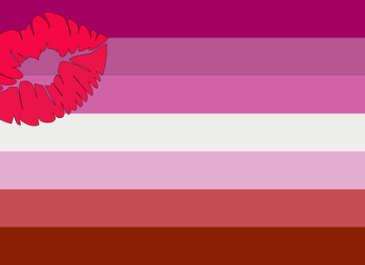 Lipstick Lesbian Pride Flag: 7 equal horizontal stripes running from magenta to white to red. A lipstick mark is in the top header (pole side) corner.