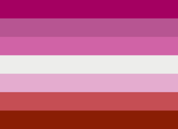 Lesbian Pride Flag: "Sunburst": 7 equal horizontal striped. Magenta transitioning to white in the center, then to red at the bottom.