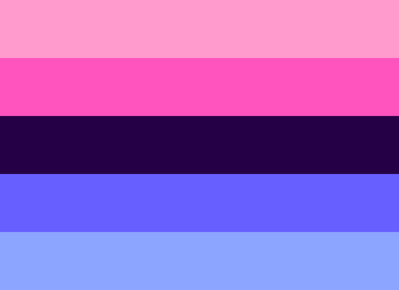 Omnisexual Pride Flag: 5 equal sized horizontal stipes. light pink, bright pink, black, purple, pale purple.
