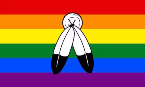 Two Spirit Flag. 6 Stripe Pride Flag with two feathers superimposed on top.