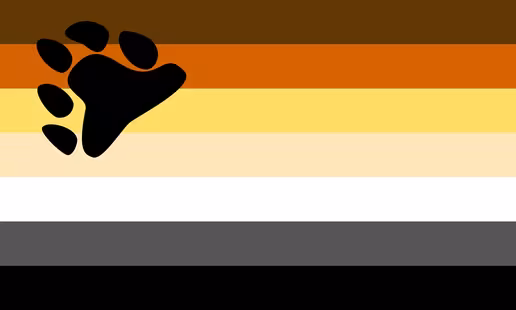 Bear Pride Flag: 7 equal horizontal stripes, dark brown, orange/rust, golden yellow, tan, white, gray, and black. A bear paw print is superimposed on the top left corner.
