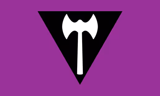 Lesbian Pride Flag - Labrys: Purple background with black triangle in the center and a labrys (double sided axe) in white over the triangle