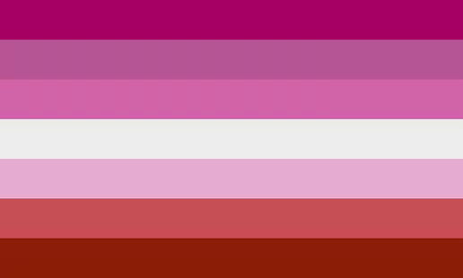 Lesbian Pride Flag: "Sunburst": 7 equal horizontal striped. Magenta transitioning to white in the center, then to red at the bottom.