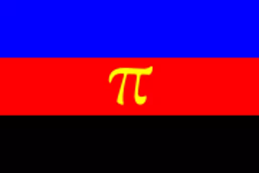 Polyamory Pride Flag: three equal stripes, blue, red, black. A yellow pi is centered in the red stripe